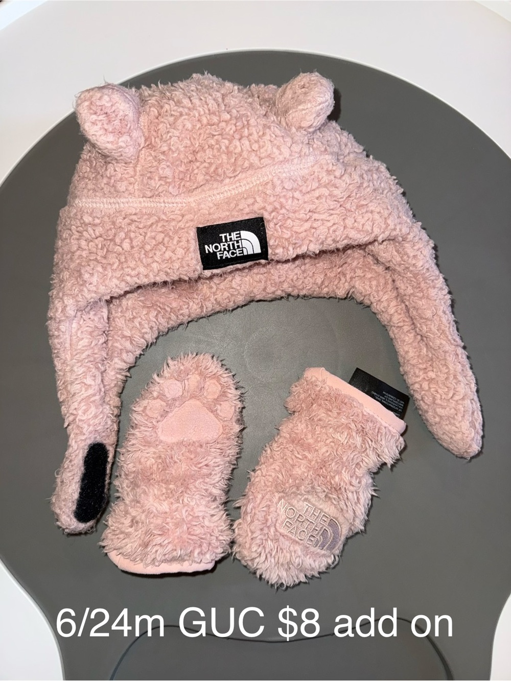 The North Face Kids Pink Sherpa Earflap Hat with Matching Mittens